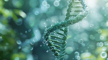 Beautiful blue DNA double helix spiral with light bokeh and bubbles, gracefully floating on a blue background