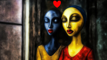 Two stylized individuals with distinctive blue and yellow faces stand close together with closed eyes and a serene expression.Red heart floats above their heads,suggesting a bond between them.AI gener