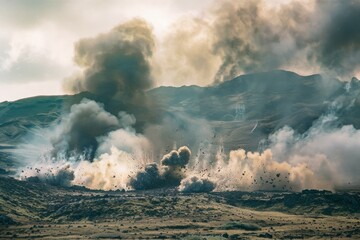 Massive plumes of smoke and flying debris from a dramatic explosion in a rugged mountainous area.
