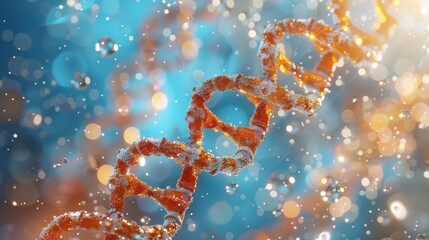 Beautiful blue DNA double helix spiral with light bokeh and bubbles, gracefully floating on a blue background