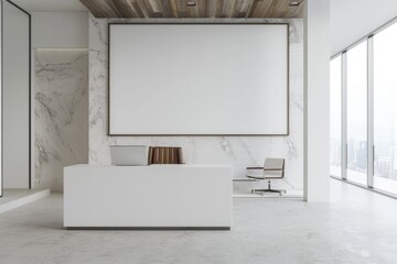 A minimalist, modern office interior with white marble walls, a clean desk, a laptop, and a large blank screen, exuding simplicity and professionalism.