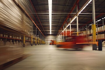 Obraz premium A vibrant and busy warehouse scene with blurred motion conveying the hustle and energy of industrial activity and modern logistics.