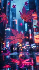 Obraz premium Hyper detailed Maple Leaves Tumbling Through Futuristic Urban Air in Vibrant Digital Glitch Art