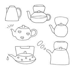 Kettles and teapots set, vector Illustration hand drawing doodles