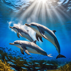 Obraz premium AI generated underwater scene of dolphins swimming through crystal-clear blue waters, the image captures the joyful spirit of the dolphins 