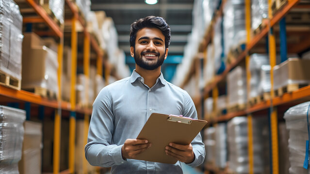 Indian professional worker in warehouse holding clipboard in hands and smiling