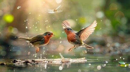 Obraz premium photograph of two birds playing in the water. one bird is flying, while the other on land is trying to catch it with its beak. a dragonfly flies over them