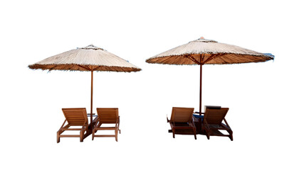  Two wooden lounge chairs or easy chairs are shaded by two parasol umbrellas. on PNG