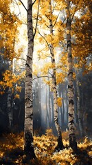 Ethereal Autumn Birch Canopy in Serene Mist Shrouded Glen with Chiaroscuro Lighting