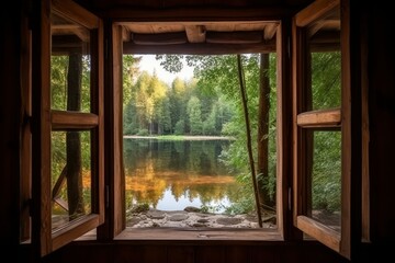 Open Window Overlooking Autumn Trees and Serene Lake