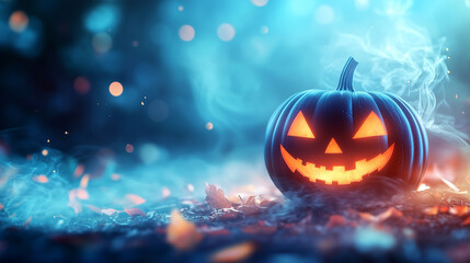Naklejka premium An abstract Halloween pumpkin against a dark blue background with waves of smoke. Halloween celebration concept.