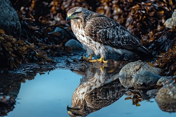 At dawn a buzzard reflection is captured in tide pools