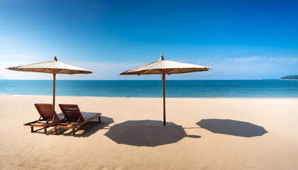 Fototapeta premium Two wooden lounge chairs or easy chairs are shaded by two parasol umbrellas. on white
