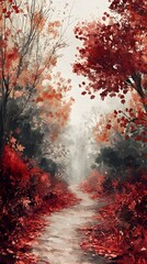 Autumnal forest trail with vibrant foliage and hazy romanticized atmosphere