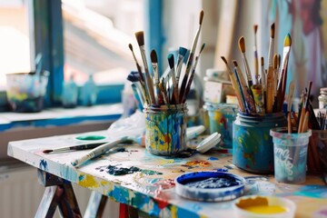 Fototapeta premium An artist’s table brimming with paintbrushes, jars of paint, and creative clutter, reflecting the vibrant and messy spontaneity of the creative process.