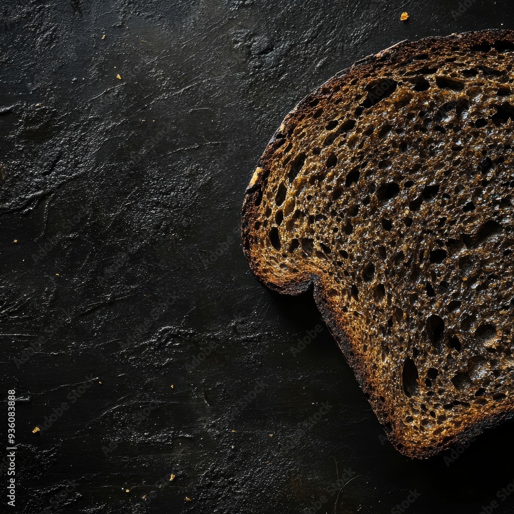 Poster close-up of whole grain bread slice on dark background with crumbs and texture