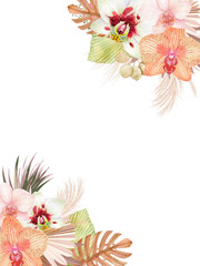 Tropical bouquet elegant frame arranged from exotic leaves and orchid flowers. Paradise plant, greenery card. Stylish fashion banner, template.