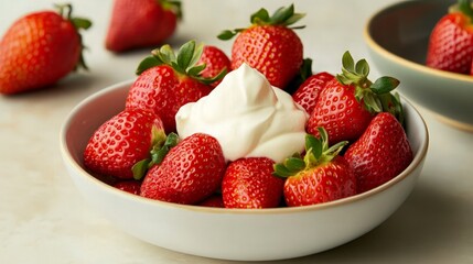 Bowl of Fresh Strawberries with Whipped Cream