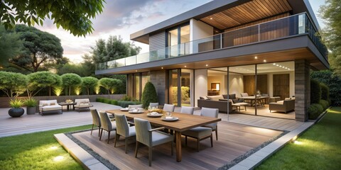 Fototapeta premium Luxurious modern house exterior featuring a dining space and lush garden