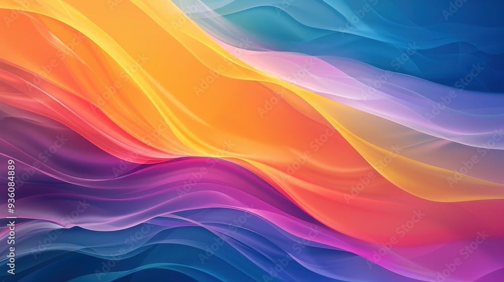 Poster abstract representation of flowing, multicolored waves or ribbons, with a gradient of colors includi