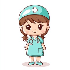 Cheerful cartoon nurse character in scrubs with a stethoscope, perfect for health and medical illustrations.