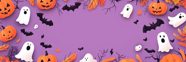 Ghostly Halloween Design with Purple Background and Spooky Elements, Perfect for Marketing Materials