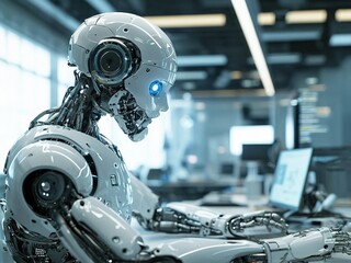 Fototapeta premium A humanoid robot with glowing blue eyes is working on a computer in an office setting.