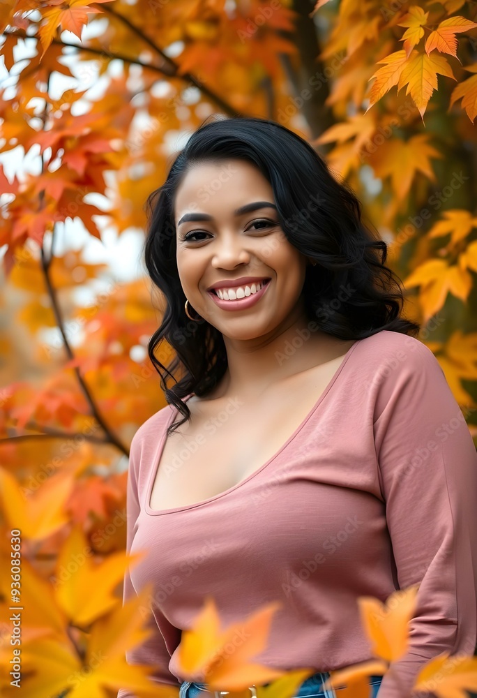 Wall mural Smiling Woman in Autumn Foliage