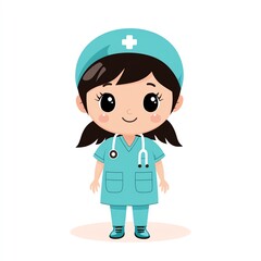 Cute cartoon nurse character in scrubs with a stethoscope, symbolizing care and health in a cheerful style.