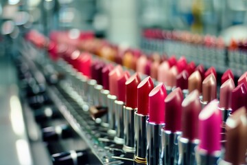 Obraz premium A colorful assortment of lipsticks neatly organized in rows, creating a striking visual of various shades.