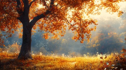 Vibrant Autumnal Tree with Dreamlike Foliage Textures in Serene Countryside Setting