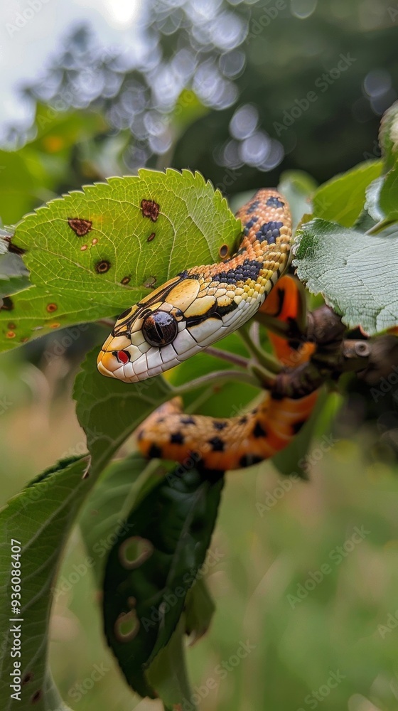 Aufkleber this striking cornrow snake is elegantly draped over vibrant leaves, showcasing its intricate patter