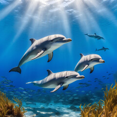 Fototapeta premium AI generated underwater scene of dolphins swimming through crystal-clear blue waters, the image captures the joyful spirit of the dolphins 