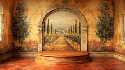 Mediterranean-inspired interior design with a Tuscan landscape mural in a rustic room setting...