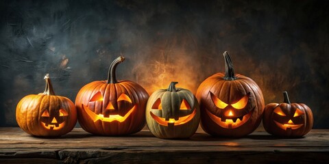 Spooky Halloween pumpkins carved with creepy faces on a dark background