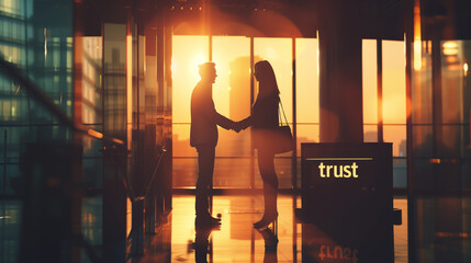 Close-up of two business people shaking hands with "trust" visible. Backlit silhouette with sunlight, city background, and warm tones. 