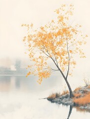 Serene Autumn Tree with Delicate Leaves in Misty Lakeside Setting