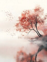 Serene Autumn Tree with Delicate Leaves in Tranquil Misty Lakeside Setting