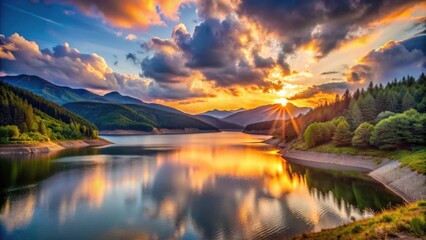 Beautiful sunset over a picturesque reservoir in the mountains