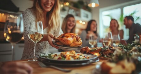 Festive Thanksgiving Dinner with Friends and Wine
