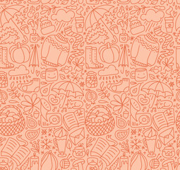 Obraz premium Seamless pattern with linear autumn doodles. Cute attributes, cozy fall elements. Scarf, socks, tea cup, mushrooms, apple, pumpkin, leaves, and clouds. Vector outline hand drawn illustration.