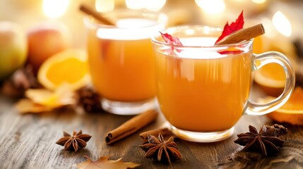 Warm Spiced Apple Cider with Cinnamon and Autumn Decor
