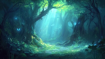 A mystical forest scene with glowing blue butterflies and sunlight filtering through the trees.