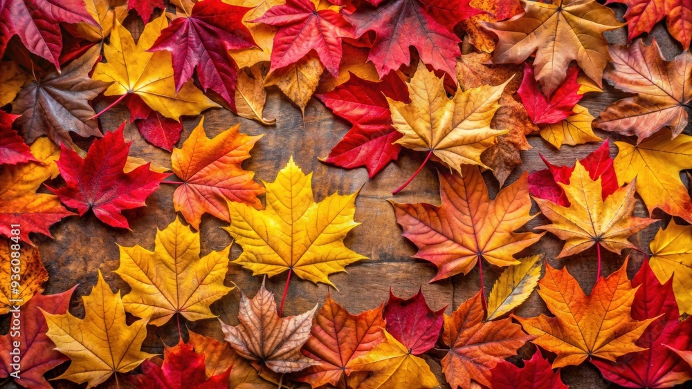 Wall mural Vibrant autumn leaves in various shades of red, orange, and yellow scattered on the ground