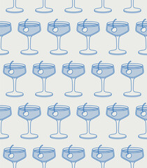 Seamless pattern of Manhattan cocktail with cherry. Line art, retro. Vector illustration for bars, cafes, and restaurants.