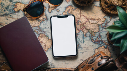 Naklejka premium Passport, smartphone with blank screen, sunglasses, and a world map suggest travel planning or vacation themes ideal for travel blogs, websites, or advertisements,