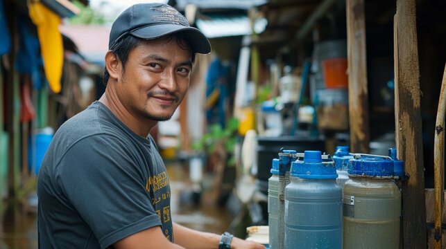 A smiling man in a casual shirt and cap stands beside several large water containers in an outdoor setting, suggesting a local business or daily work routine