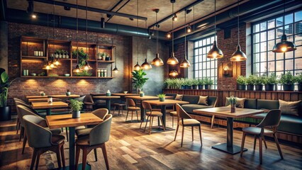 Fototapeta premium Modern restaurant cafe interior with vintage toning, dark lighting, and a relaxing ambiance