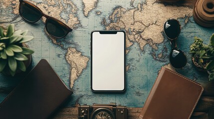 A smartphone with a blank screen is placed on a vintage world map, surrounded by sunglasses, a camera, and a leather journal suitable for travel blogs, trip planning apps