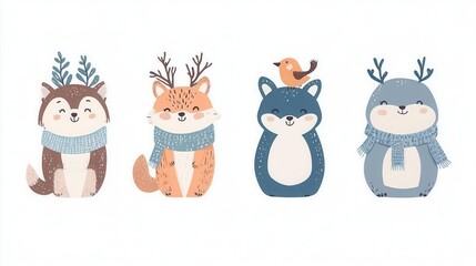 Fototapeta premium A charming illustration of four cute woodland animals wearing scarves, perfect for winter-themed designs and kids' decor.